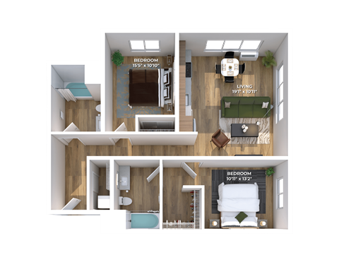 Floor plan for 2 beds, 2 baths, 962 sqft